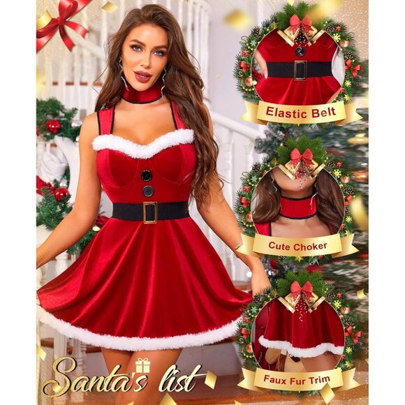 Women’s Red Sexy Santa Costume Xmas Velvet Outfits with Choker Belt - Picture 3 of 5